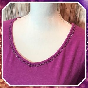 Coldwater Creek Purple Beaded V-Neck SS Tee